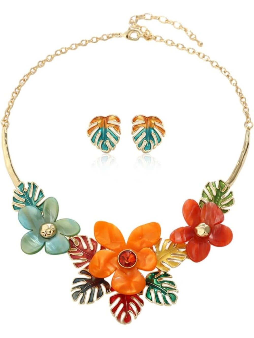 Vintage Boho Floral Chunky Jewelry Set - Resin Bib Necklace & Earring Gift